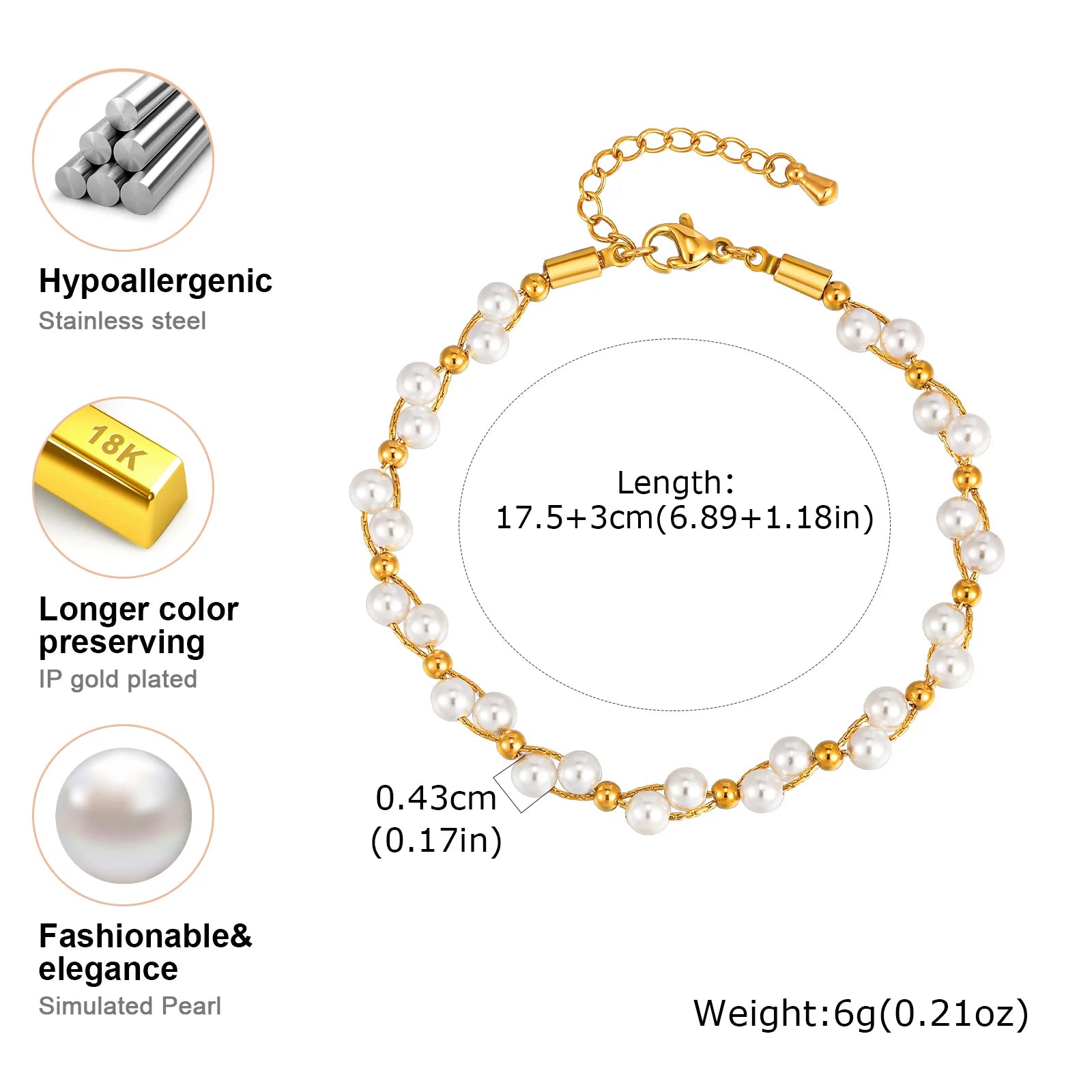 Light Luxury Bead Bracelet for Women,18K Gold Plated Stainless Steel Chain Bracelets,Daily Jewelry Exquisite Gifts