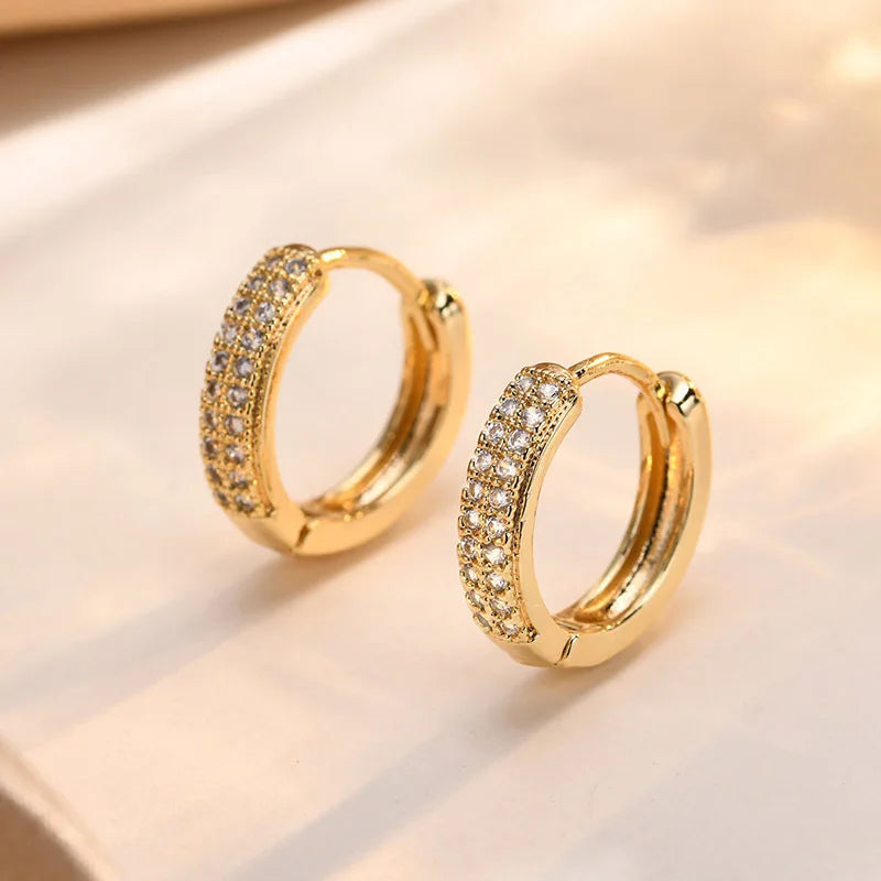Delicate Gold Plated Metal Cubic Zirconia Row Huggies Ear Jewelry for Women Girls, Chic Round Geometric CZ Stone Hoop Earrings