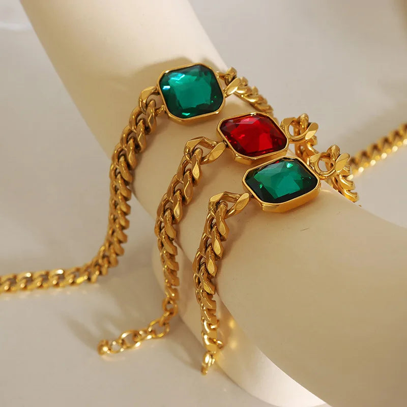 Nivora Cuban Chain Necklace Bracelet For Women Stainless Steel Women Jewelry Set Red Green Color Square Crystal Wedding Jewelry