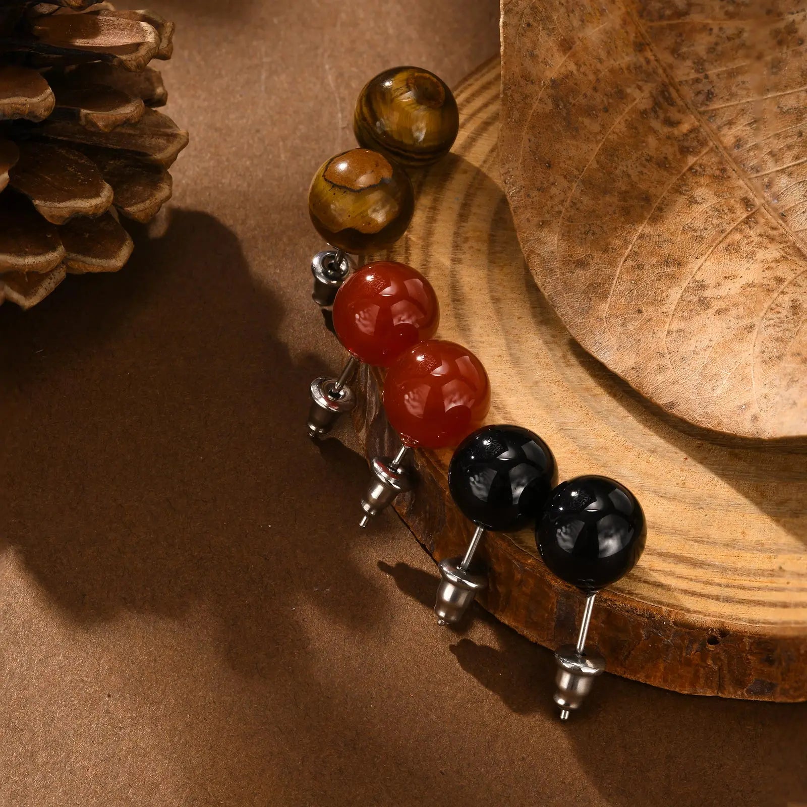 Fashion Red Black Natural Stone Earring for Women,Stainless Steel Black Round Ball Earrings,Punk Stud Earrings Jewelry Gifts