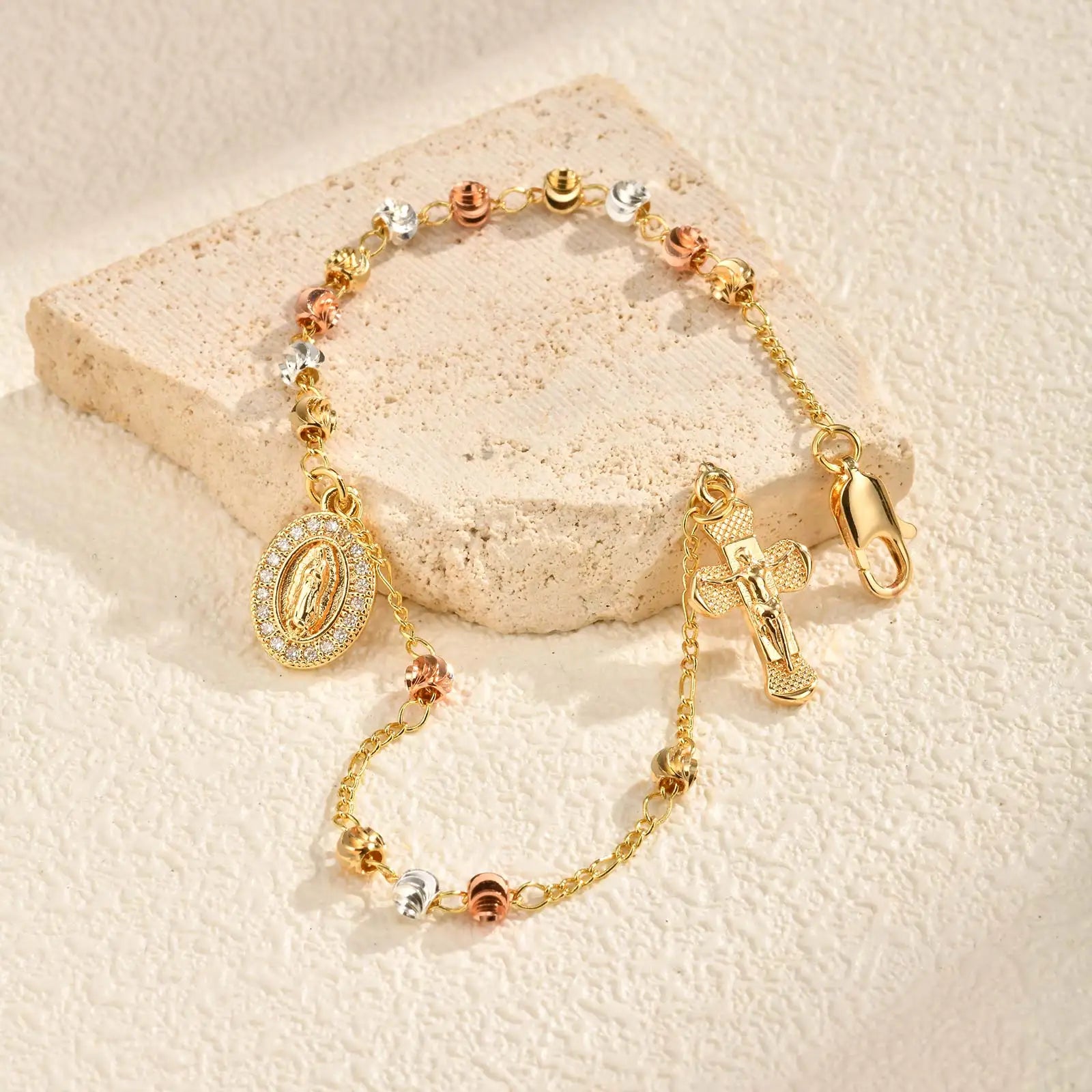 Zircon Virgin Mary Religious Bracelet for Women, Tricolor Beaded Golden Cross Rosary Catholic Bracelet, Baptism Jewelry
