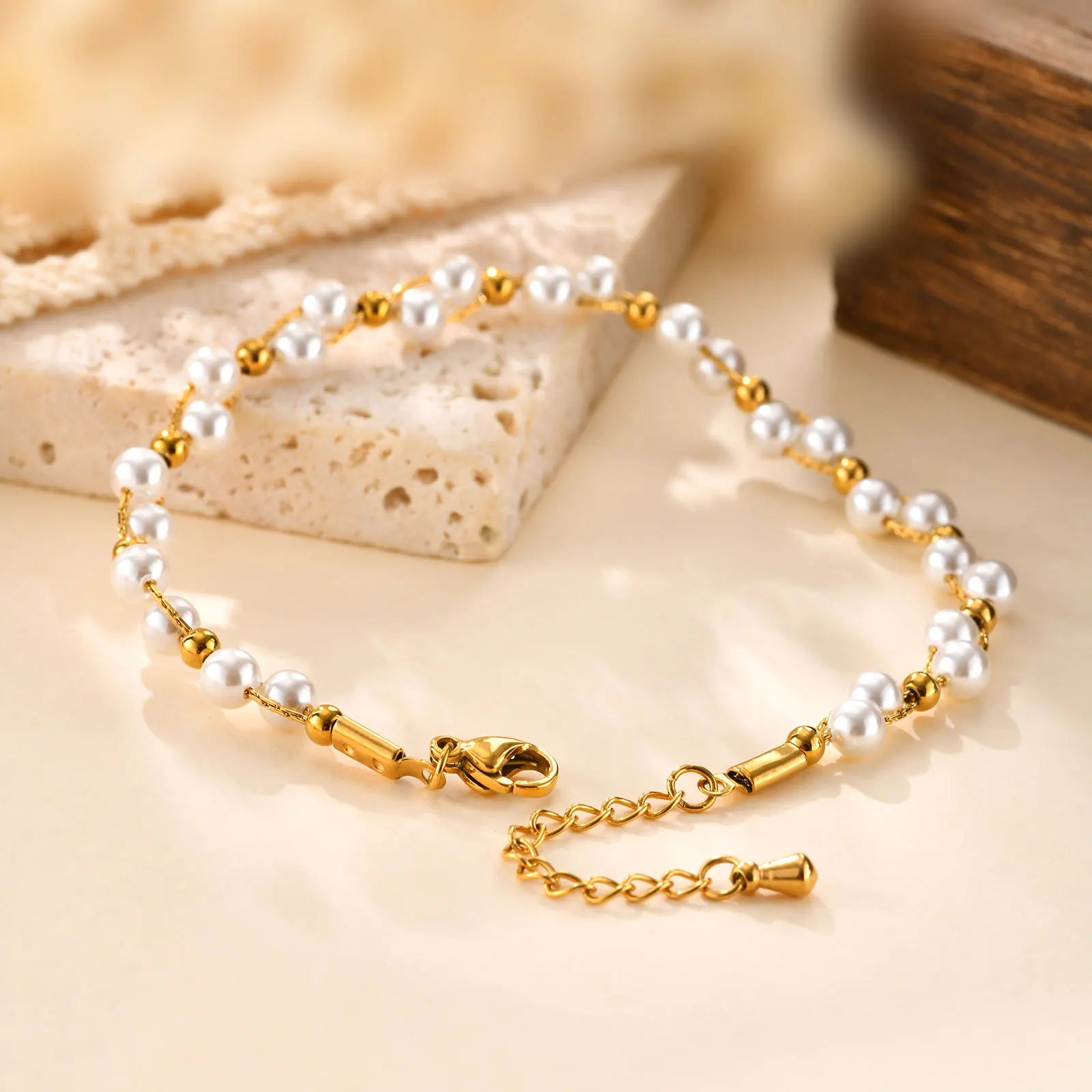 Light Luxury Bead Bracelet for Women,18K Gold Plated Stainless Steel Chain Bracelets,Daily Jewelry Exquisite Gifts