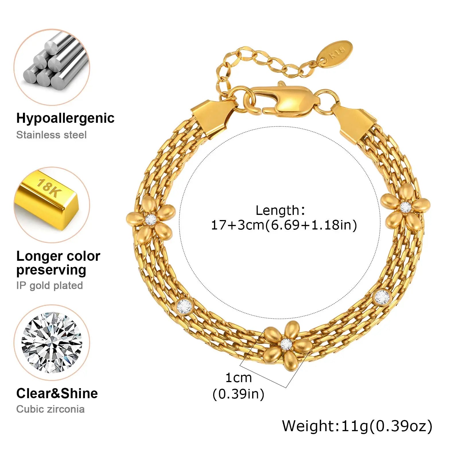 Dainty Mesh Strap with Flowers White Zircon Bracelet, Gold Color Waterproof Bracelets for Women,Charm Party Jewelry Gifts