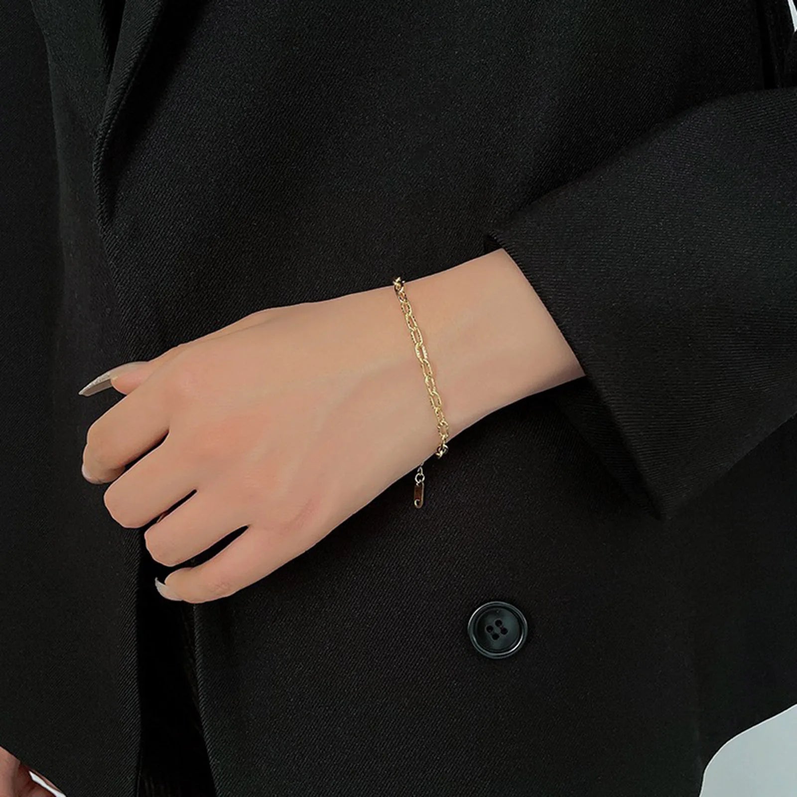 Women's Trendy Stylish Stamped Rectangle Charm Chain Bracelets, Gold Color Paperclip Links Wristband Jewelry