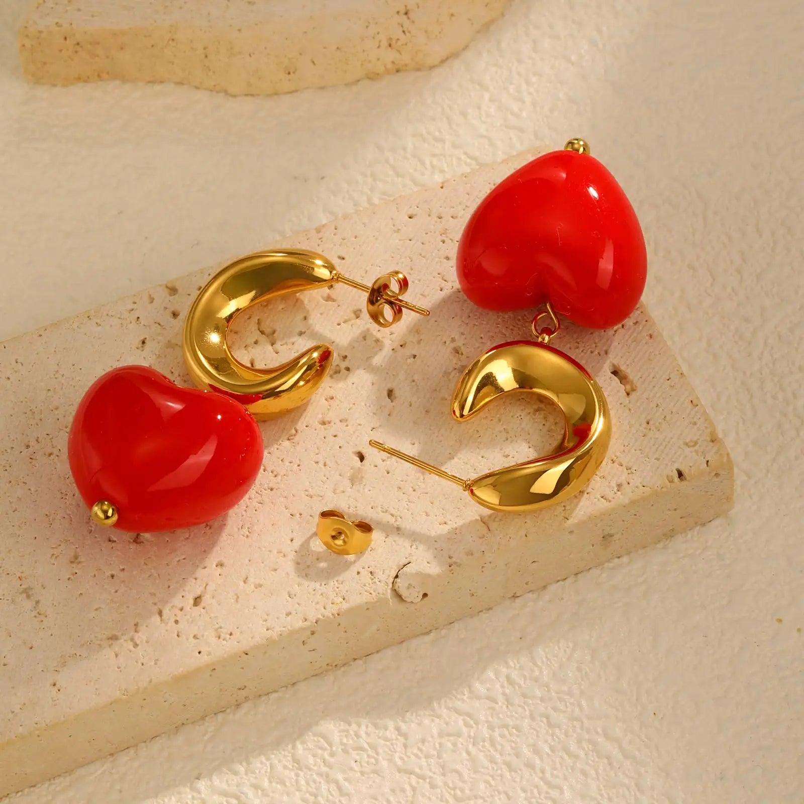 Fashion C-shaped Red Heart Earrings for Women,Gold Plated Stainless Steel Earrings,Classic Geometric Jewelry Gifts