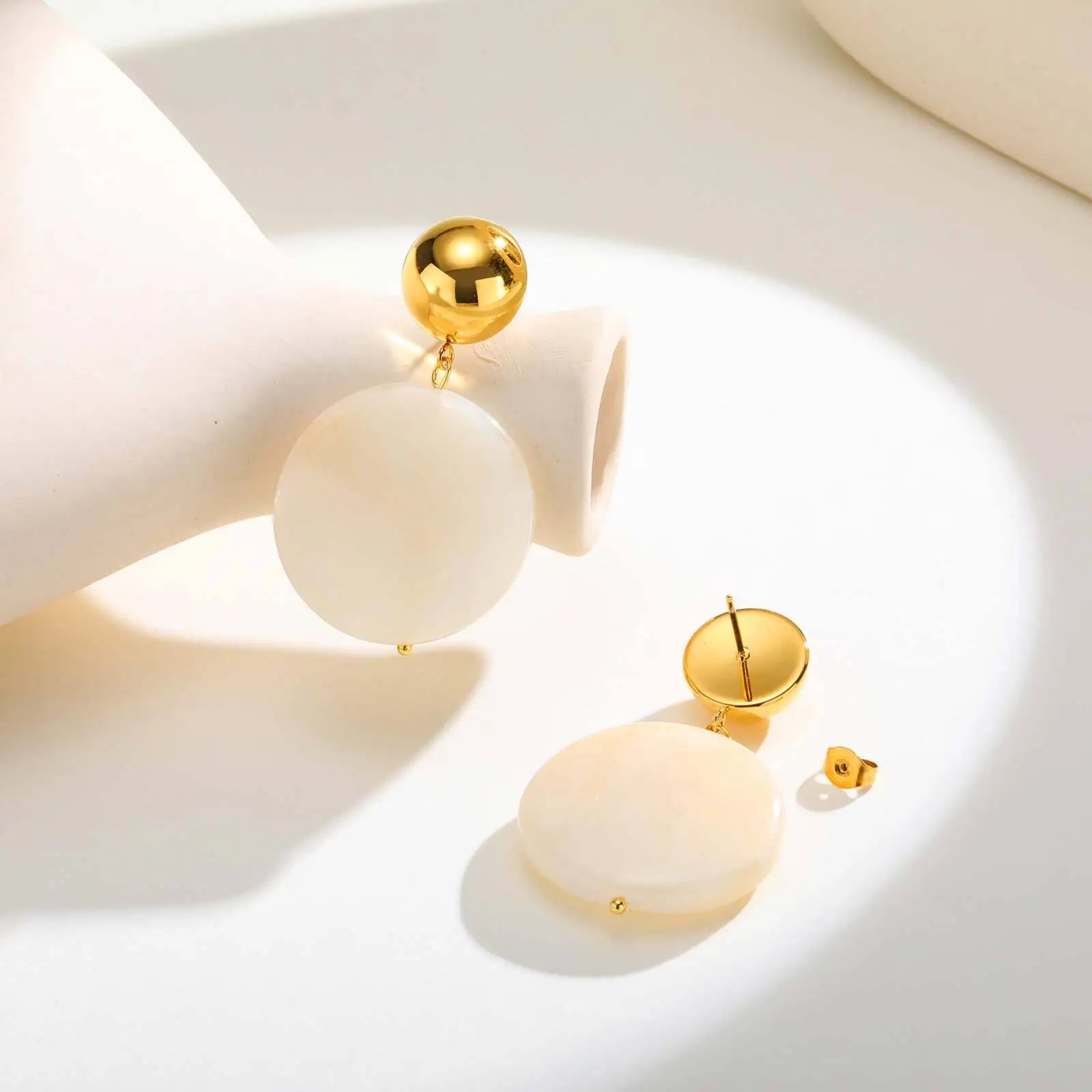 Minimalist Two-tone Geometric Drop Earrings: Gold Plated Half Pearl & Milky Resin Circle Dangle Earring for Women
