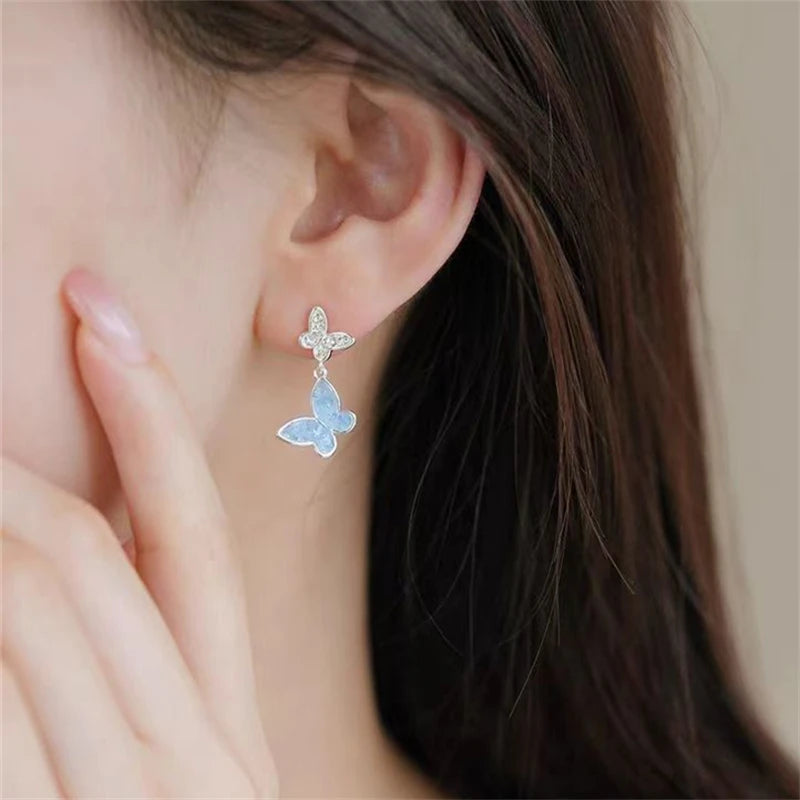 New Luxury Shiny Zircon Butterfly Stud Earrings For Women Blue Double Butterfly Temperament Earring Ladies Party Jewelry Gifts