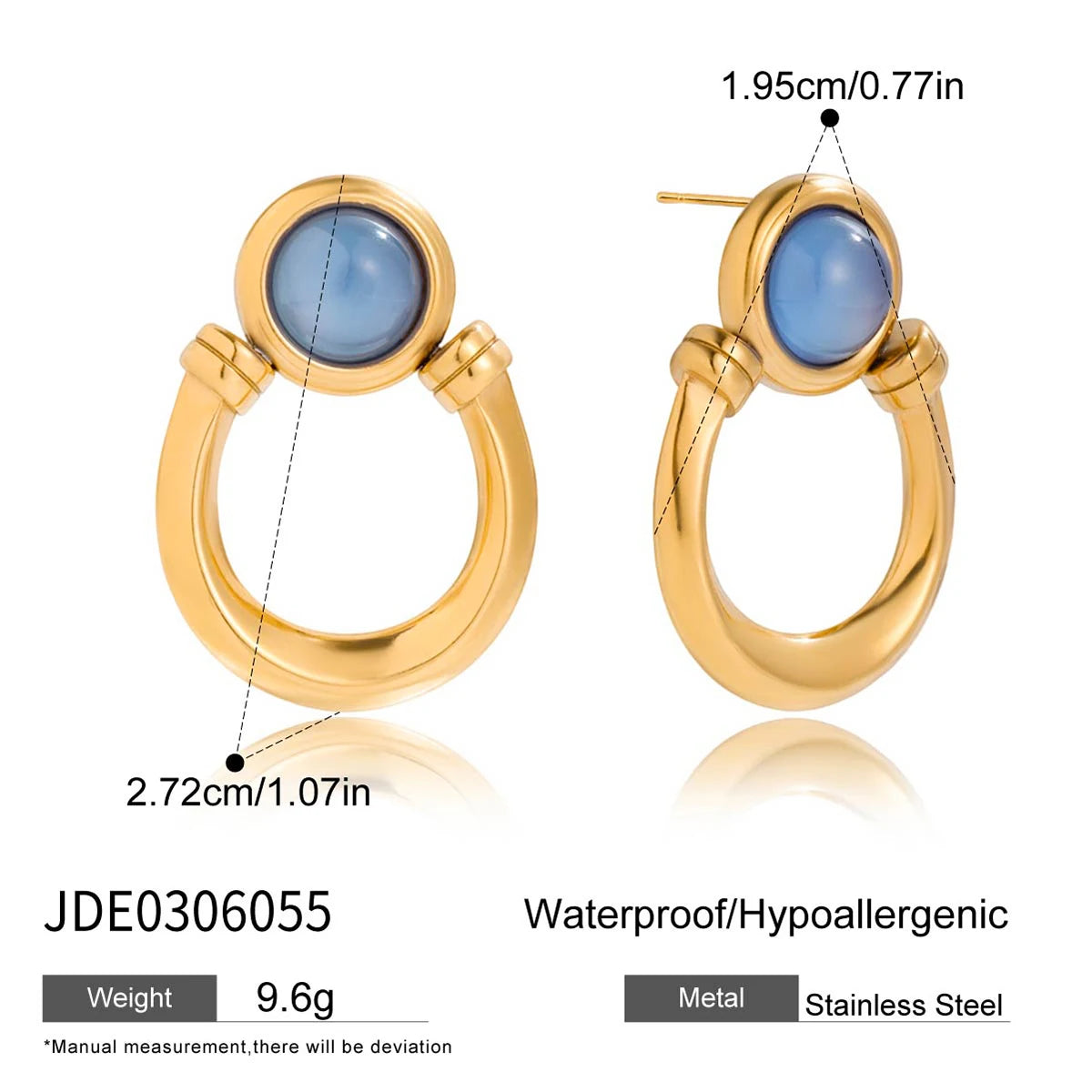 Uworld Designer Personality 18K Gold Color Plated Blue Resin Horseshoe Earrings Hypoallergenic Stainless Steel Women's Jewelry