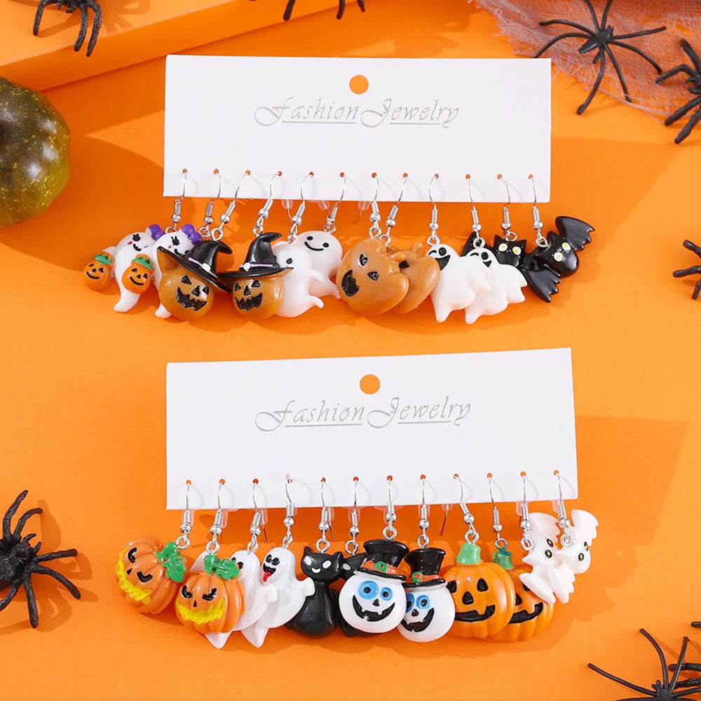 18 Pair Halloween Combination Earrings Set for Women Ghost Pumpkin Bat Skull Star Pearl Rhinestone Earring Girls Party Jewelry