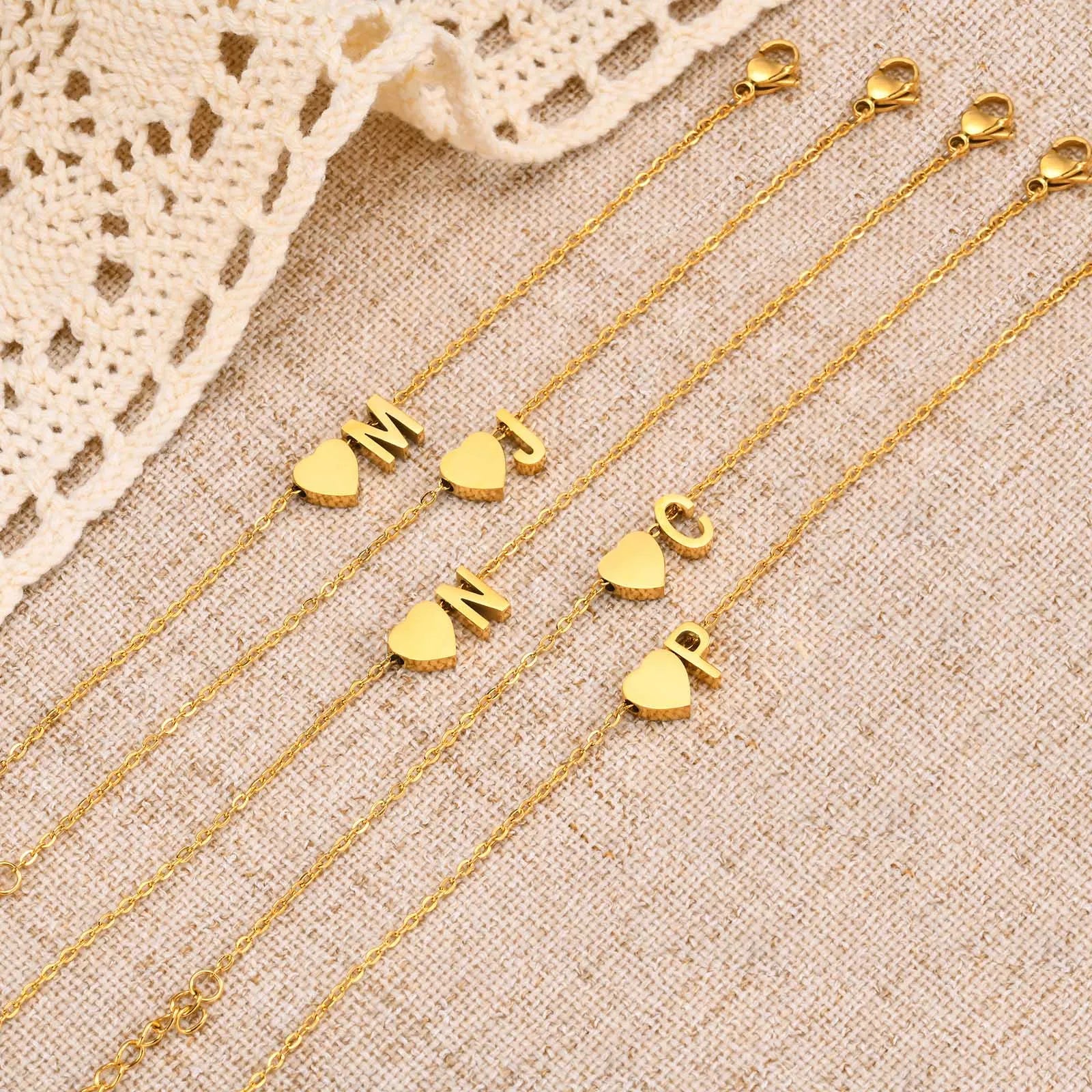Dainty 26 Letters Initial A-Z Heart Chain Bracelets for Women Lady, Gold Color Plating Stainless Steel Cable Charm Wristband
