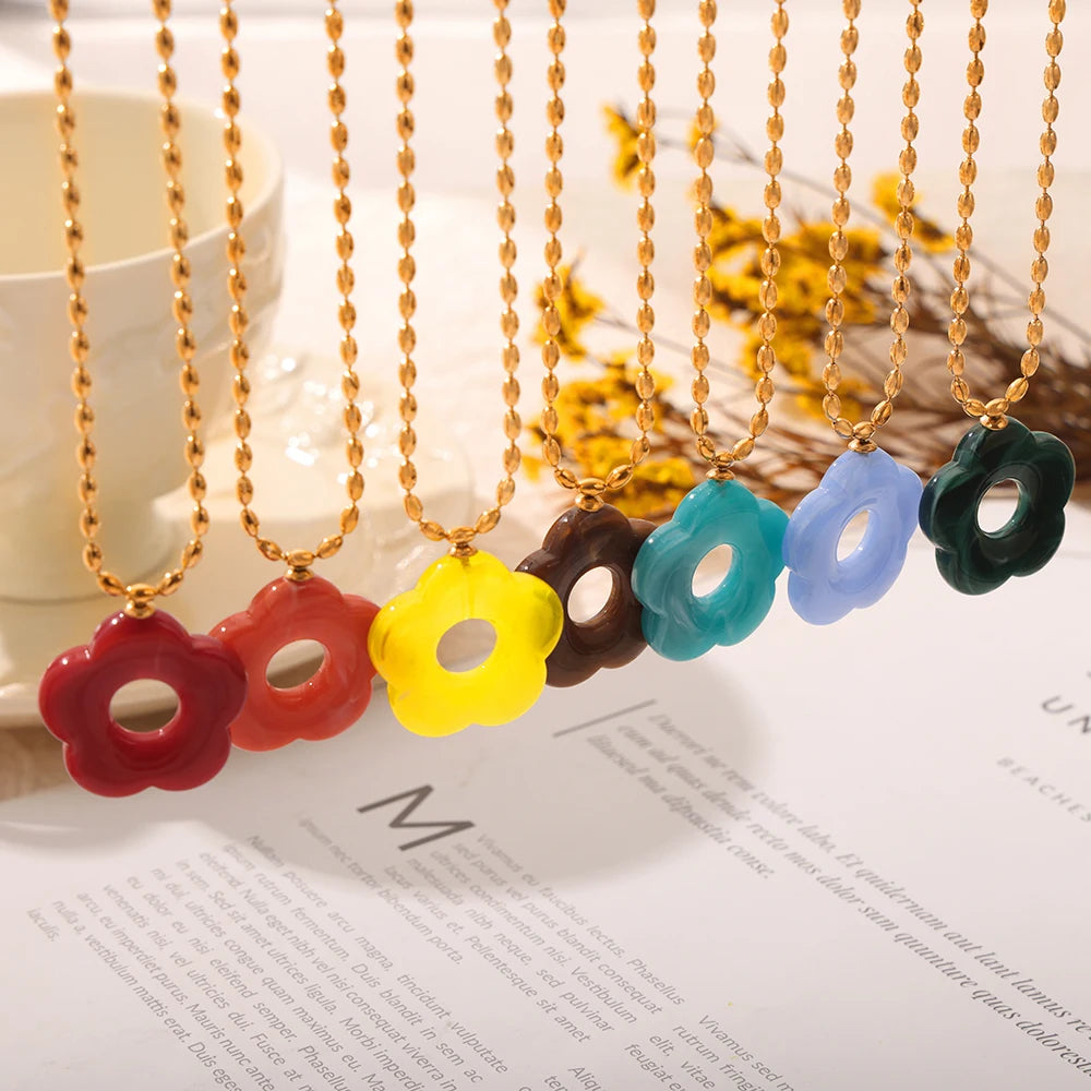 Colorful Resin Hollow Flower Pendant Necklaces Drop Earrings For Women Stainless Steel Rice Chain Women Wedding Jewelry Sets