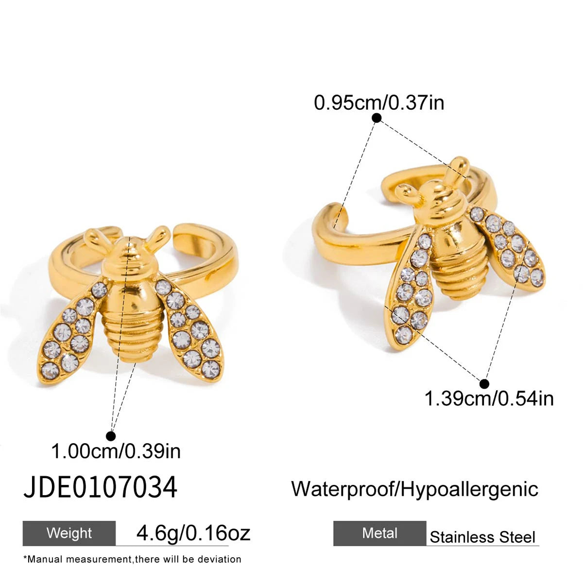 Uworld Classic Fashion 18K Gold Color Plated With White Zircon Bee Ear Clip Hypoallergenic Stainless Steel Women Jewelry Party