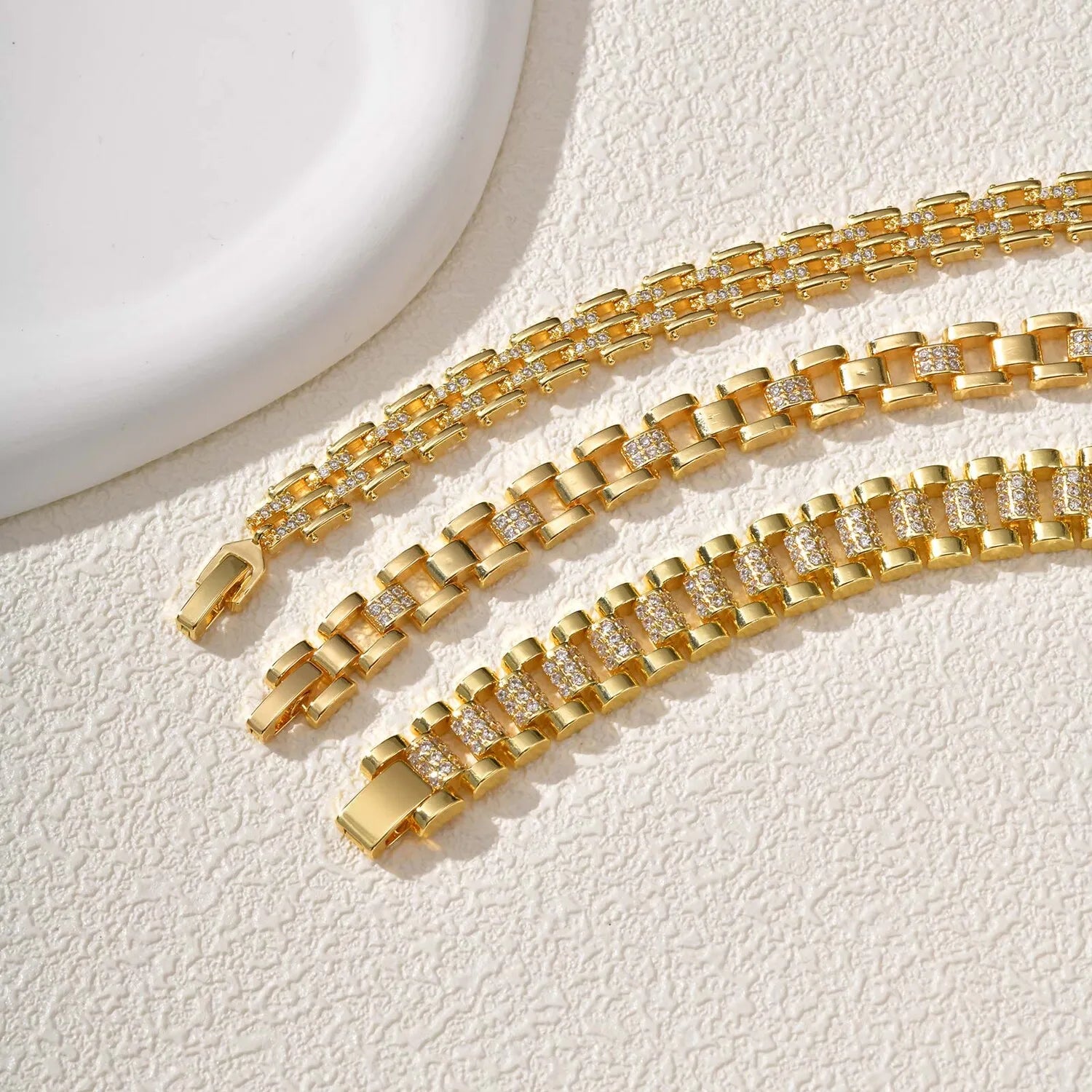 Luxury Chunky Watch Strap Bracelet for Women, Gold Plated Cubic Zirconia Chain Bracelet, Adjustable Stackable Jewelry