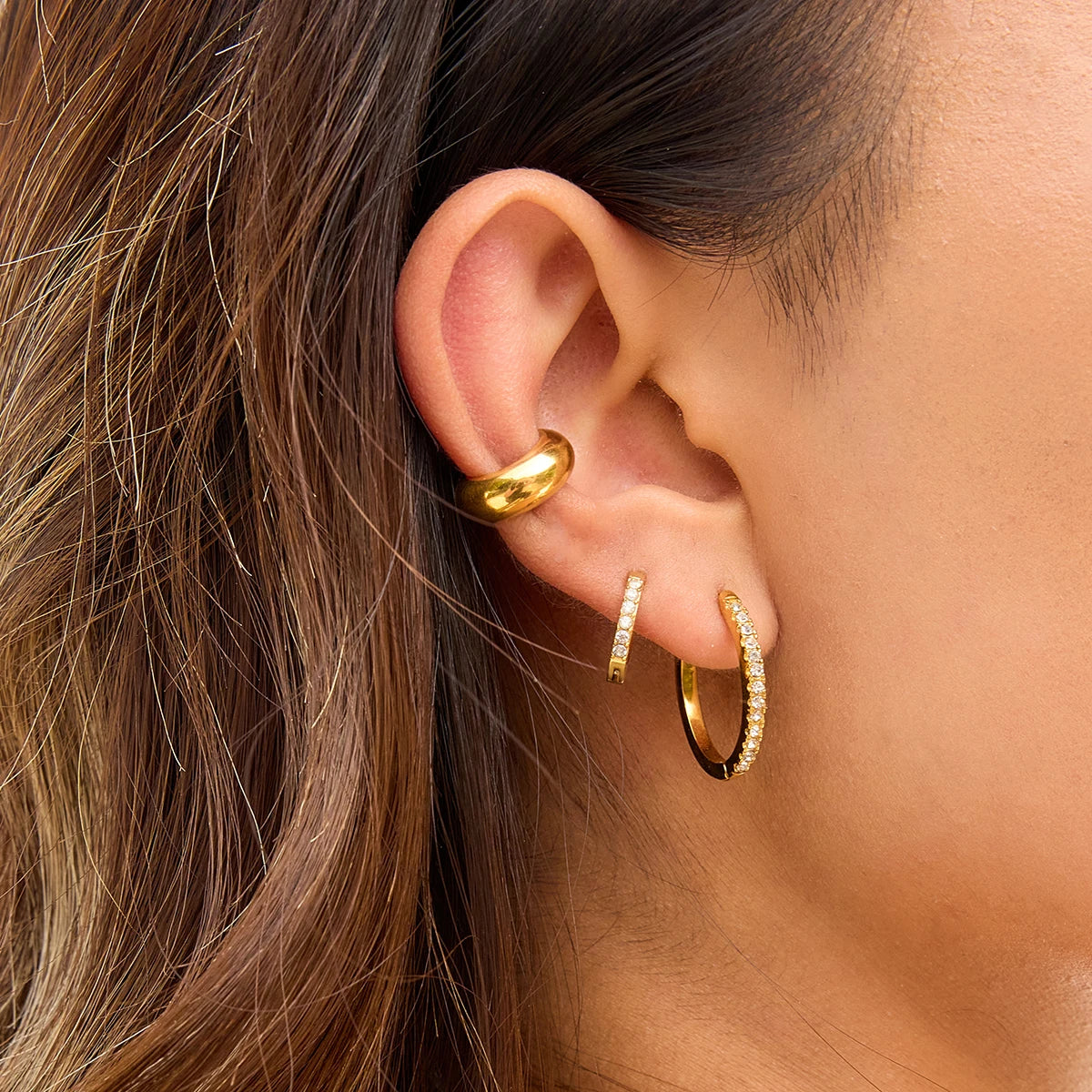 Uworld Simple Classic 18K Gold Color Plated Stainless Steel White Rhinestone O-shaped Earrings Women's Jewelry Party Gift