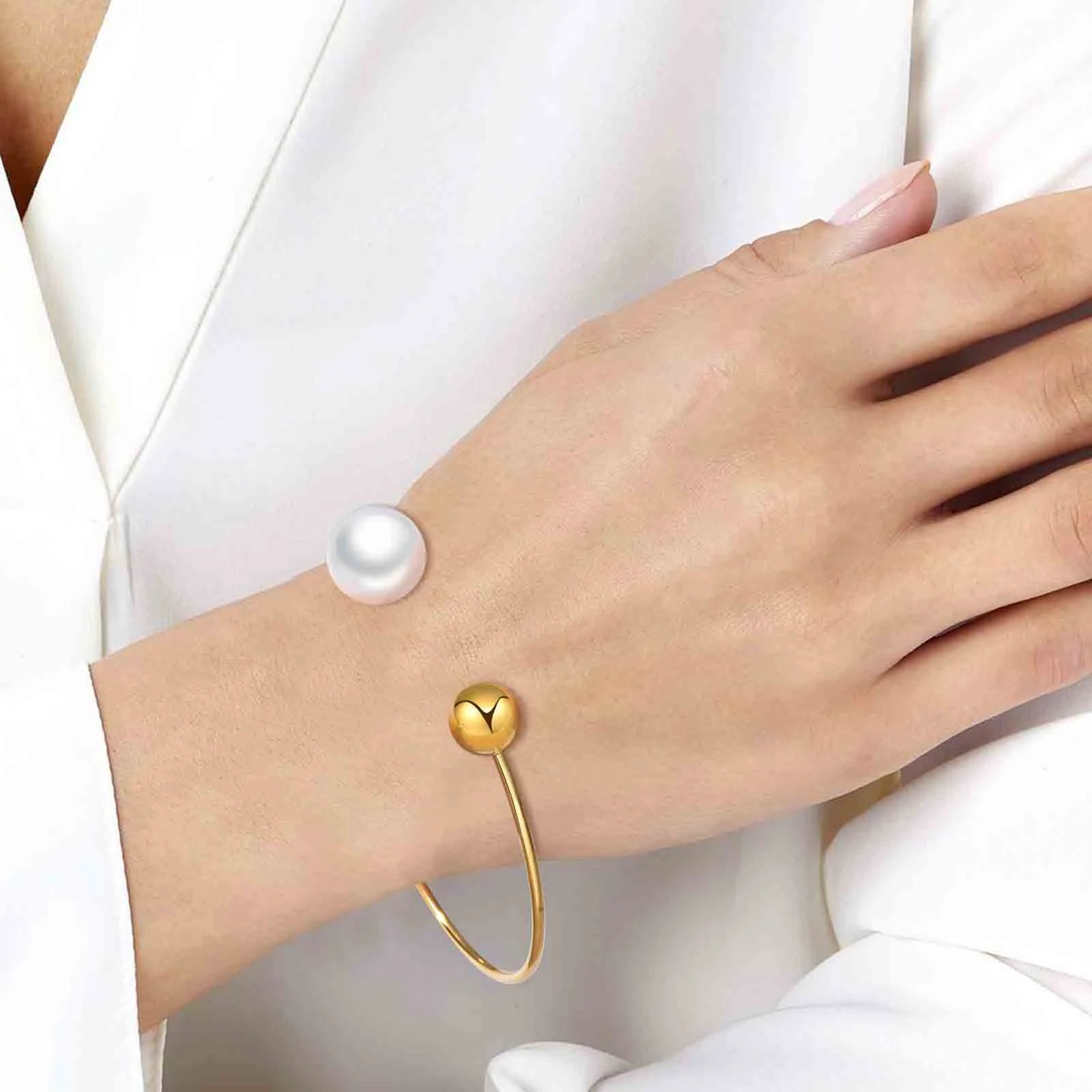 Women Trendy Cuff Bracelets, Gold Plated Stainless Steel Bangle Simulated Pearl Ball, Chic Minimalist Stylish Wristband Bracelet