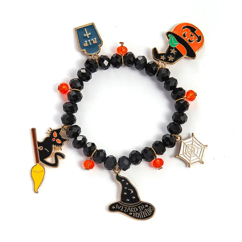 Funny Halloween Crystal Beaded Bracelet for Women Cartoon Pumpkin Black Bat Ghost Spider Web Beads Bracelets Party Jewelry Gift