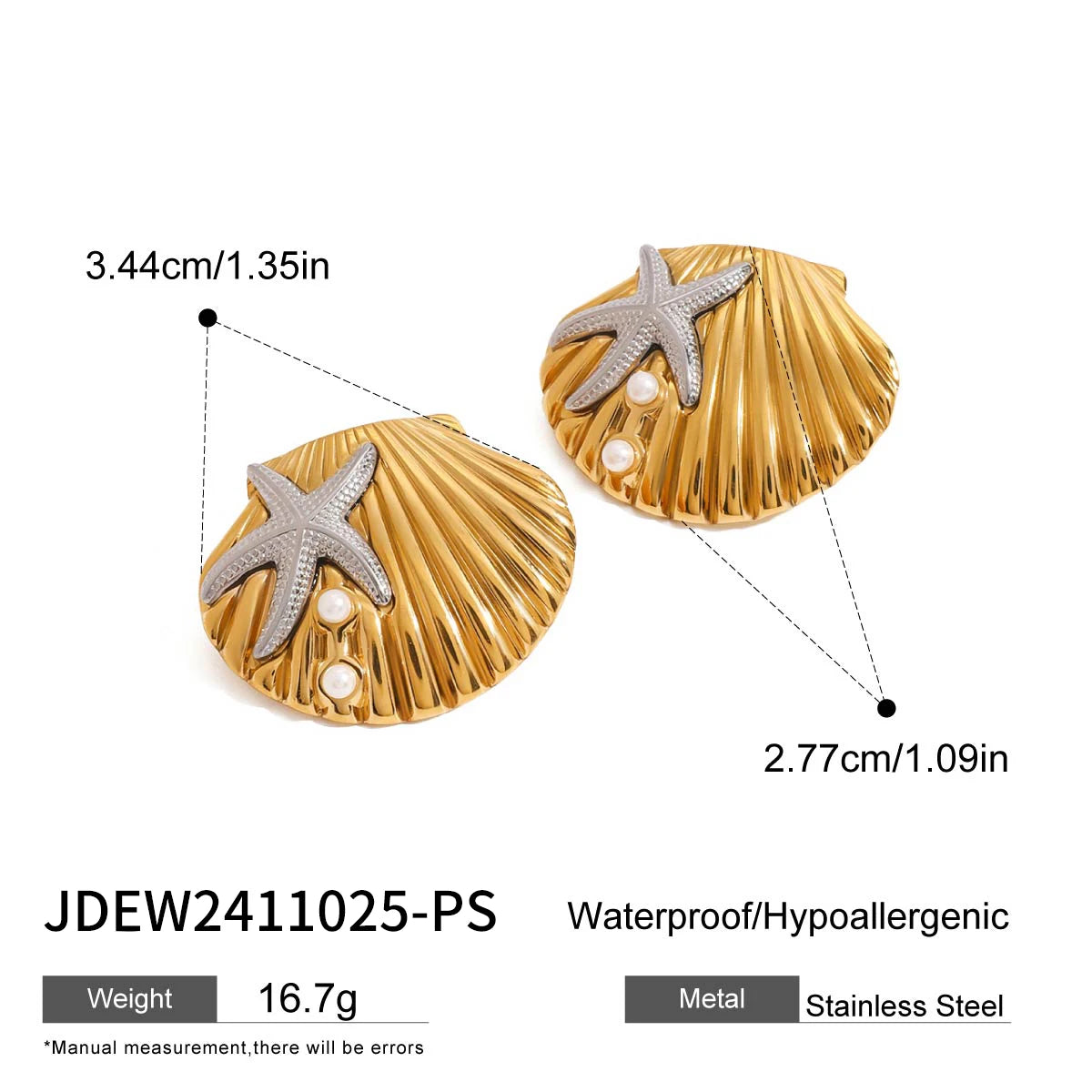 Uworld Ocean Vacation Style 18K Gold Color Plated Stainless Steel Waterproof Starfish Shell Ear Studs Pearl Conch Earrings Women