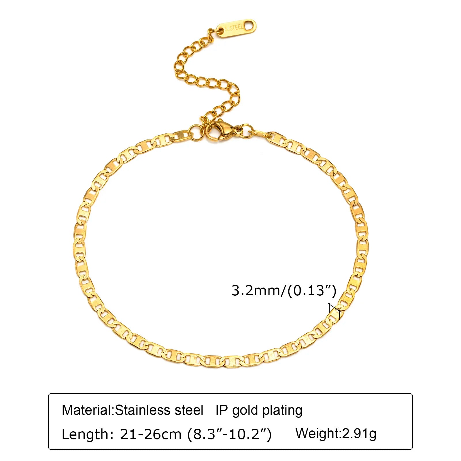 Women's Gold Color Flat Mariner Chain Anklets, Not Allergy Stainless Steel Marina Link Summer Holiday Beach Anklet Jewelry