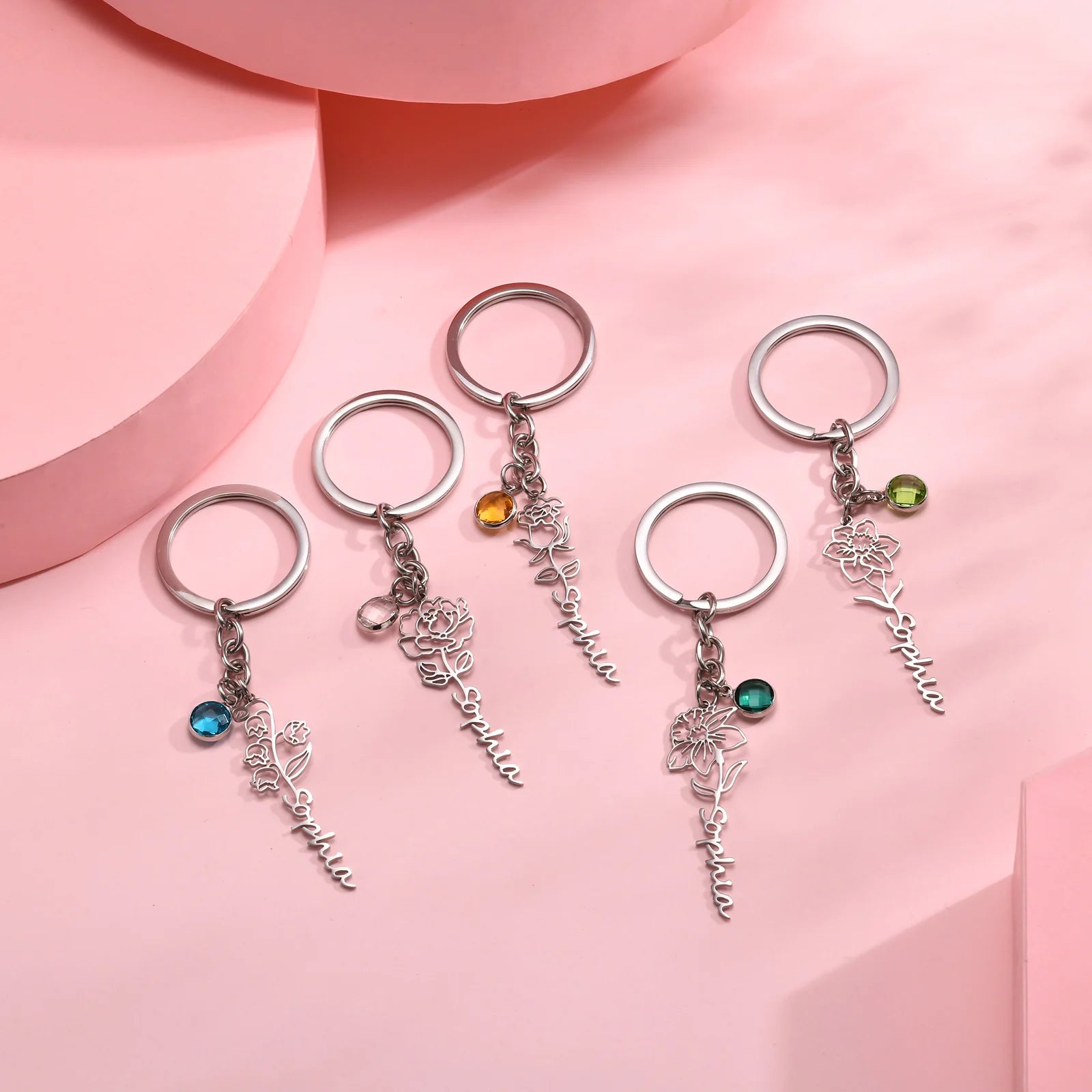 Birthday Flower Keychain Name Customized Stainless Steel Key Ring Cute Sweet Key Chains For Women Girls DIY Jewelry