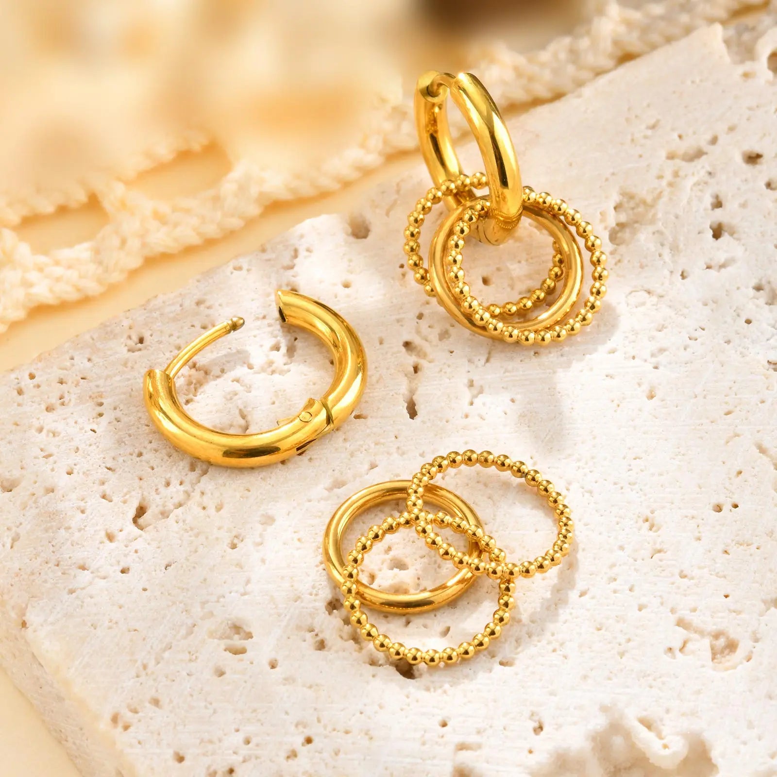 Fashion Round Beads Multi-ring Earrings for Women,Stainless Steel Ball Hoop Earrings Gold Color,Waterproof Jewelry Gift