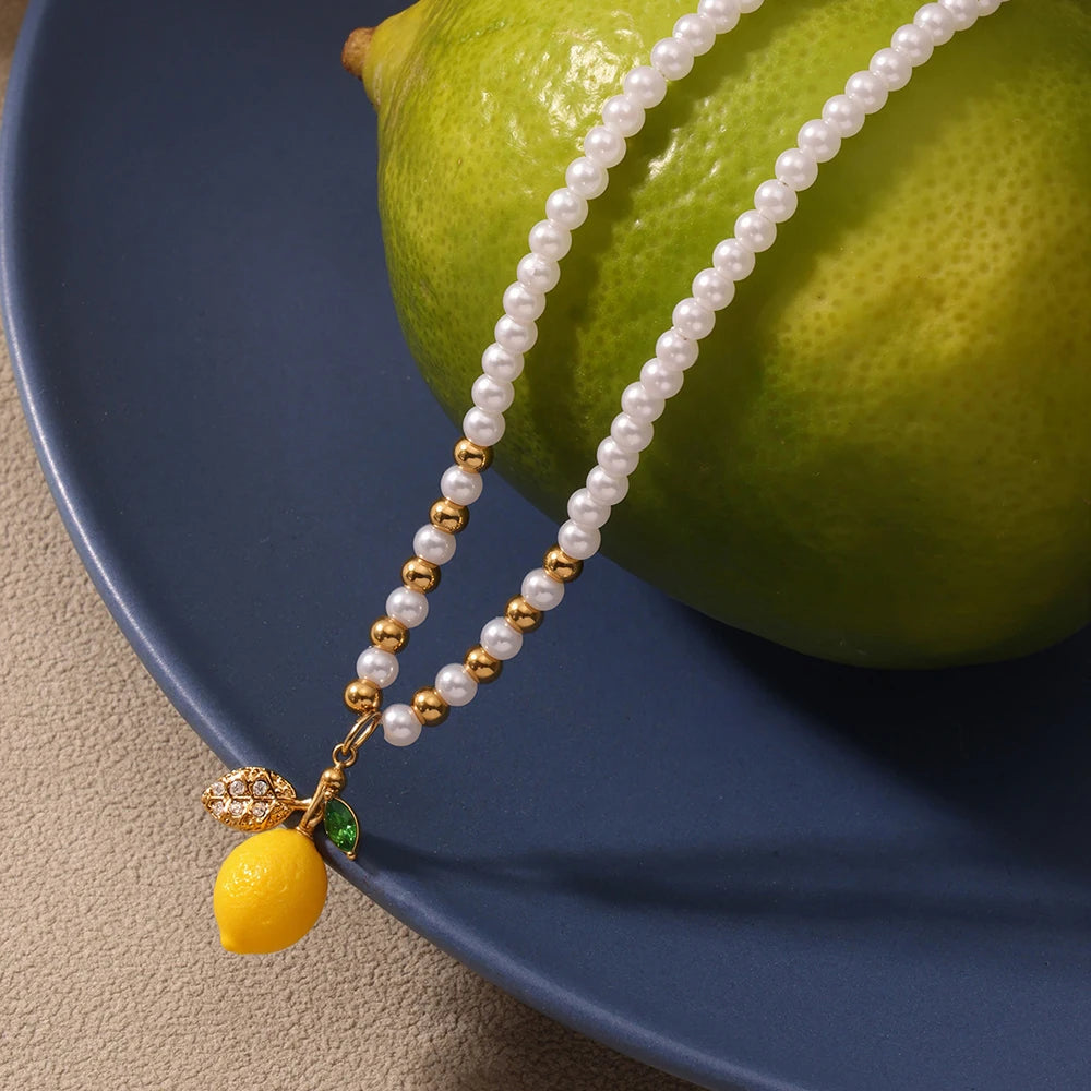 Nivora Distinctive Resin Lemon Imitation Pearl Chain Pendant Bracelets For Women Stainless Steel Bracelet Women Daily Jewelry