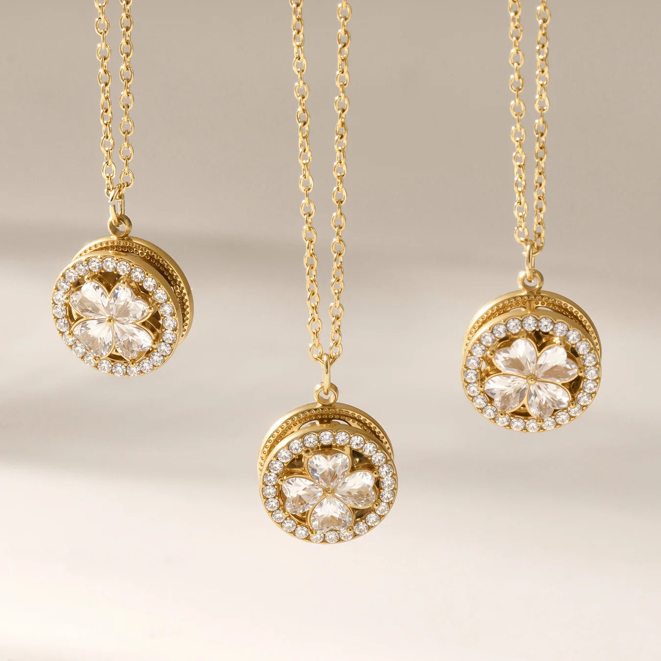 Nivora Baroque Rotatable Flower Zircon Pendant Stainless Steel Chain Necklace Bracelets Rings for Women Wedding Banquet Jewelry