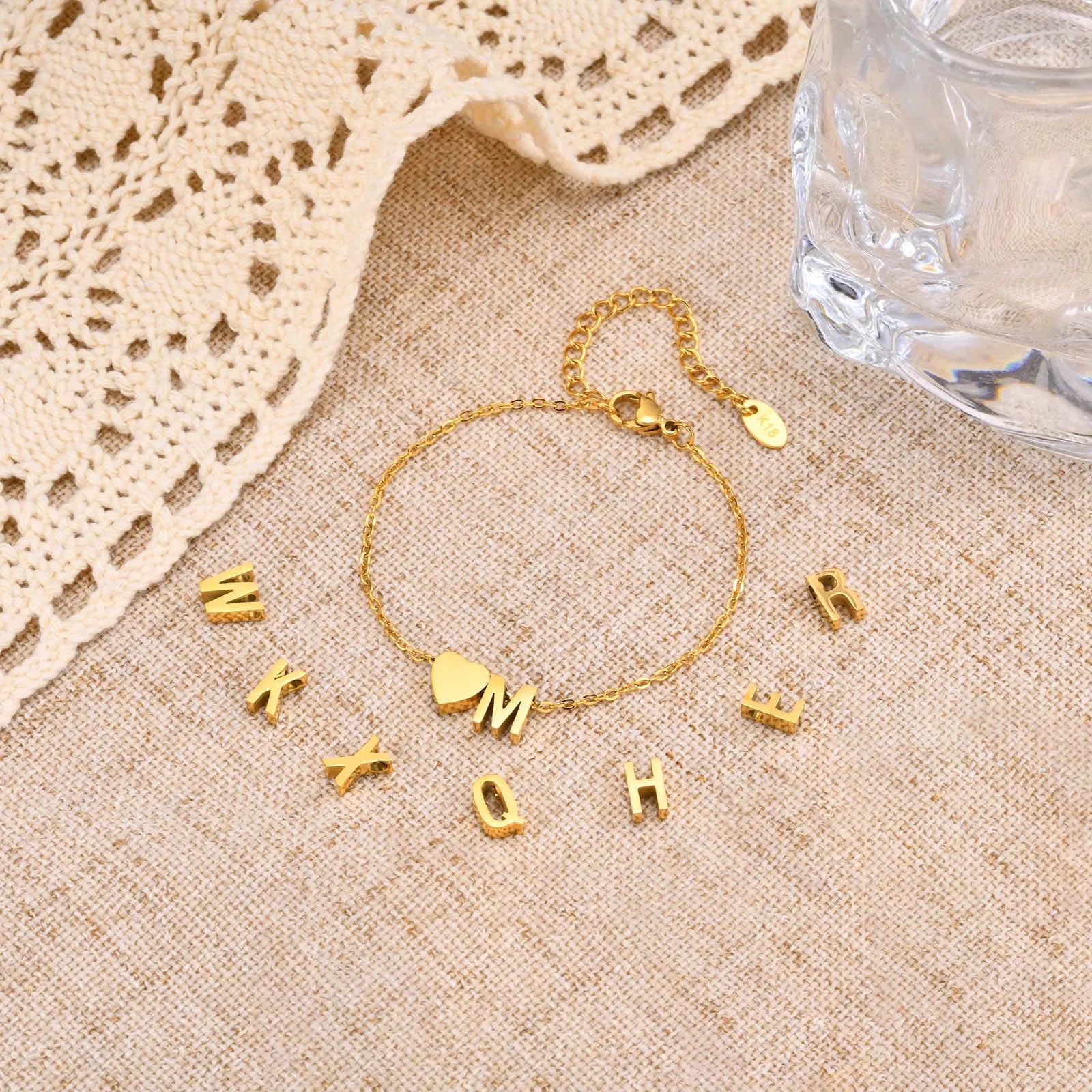 Dainty 26 Letters Initial A-Z Heart Chain Bracelets for Women Lady, Gold Color Plating Stainless Steel Cable Charm Wristband