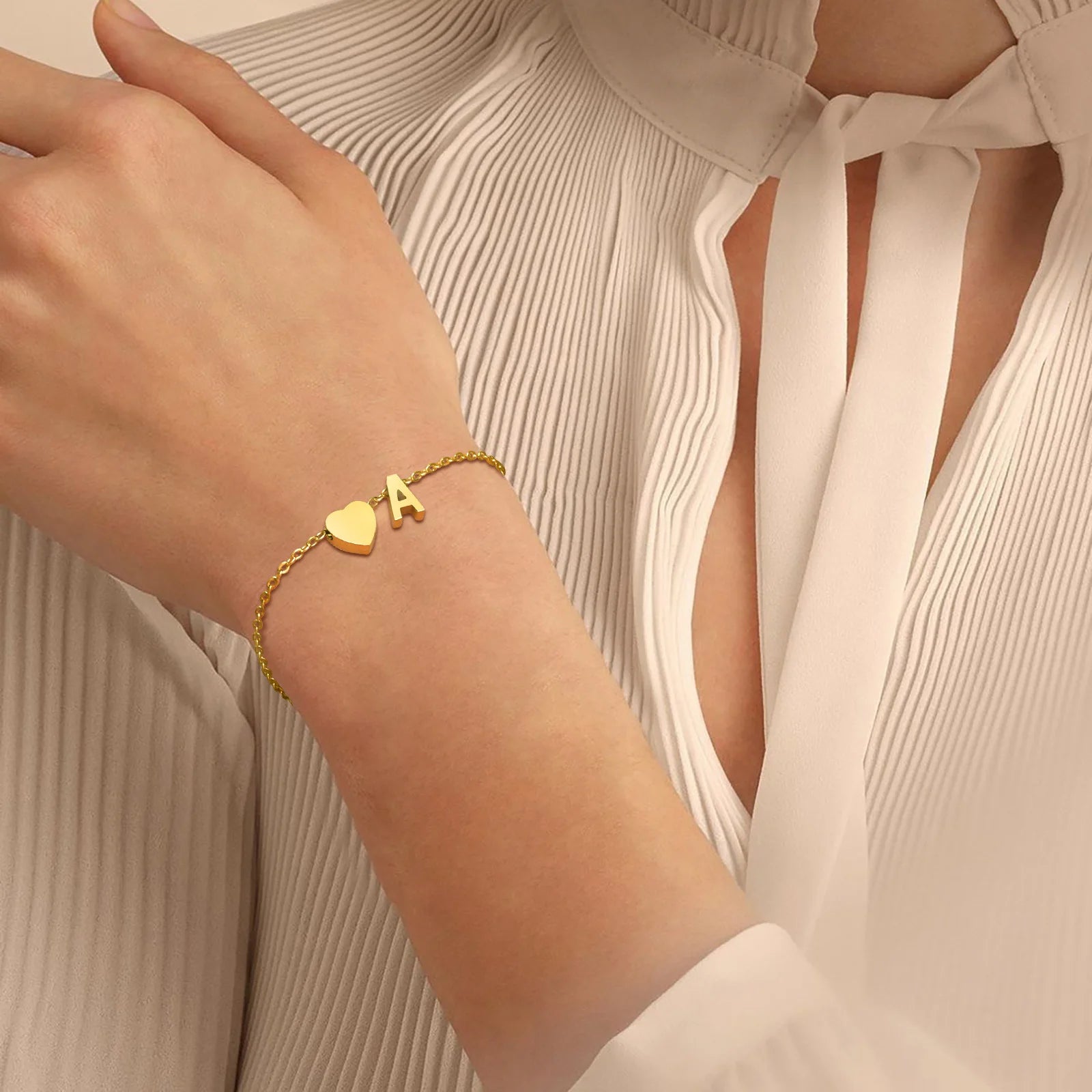 Dainty 26 Letters Initial A-Z Heart Chain Bracelets for Women Lady, Gold Color Plating Stainless Steel Cable Charm Wristband