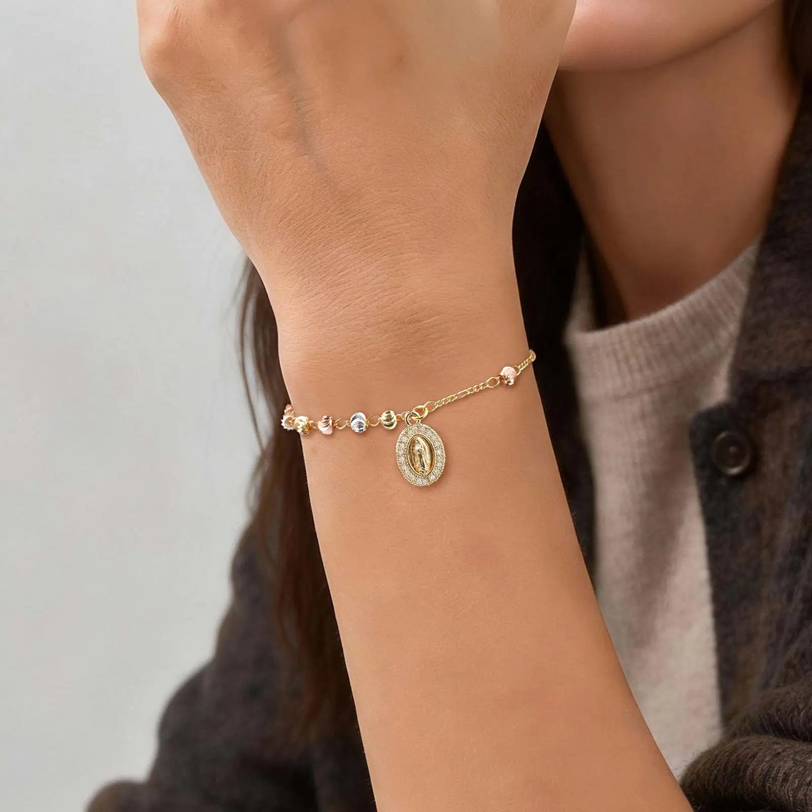 Zircon Virgin Mary Religious Bracelet for Women, Tricolor Beaded Golden Cross Rosary Catholic Bracelet, Baptism Jewelry