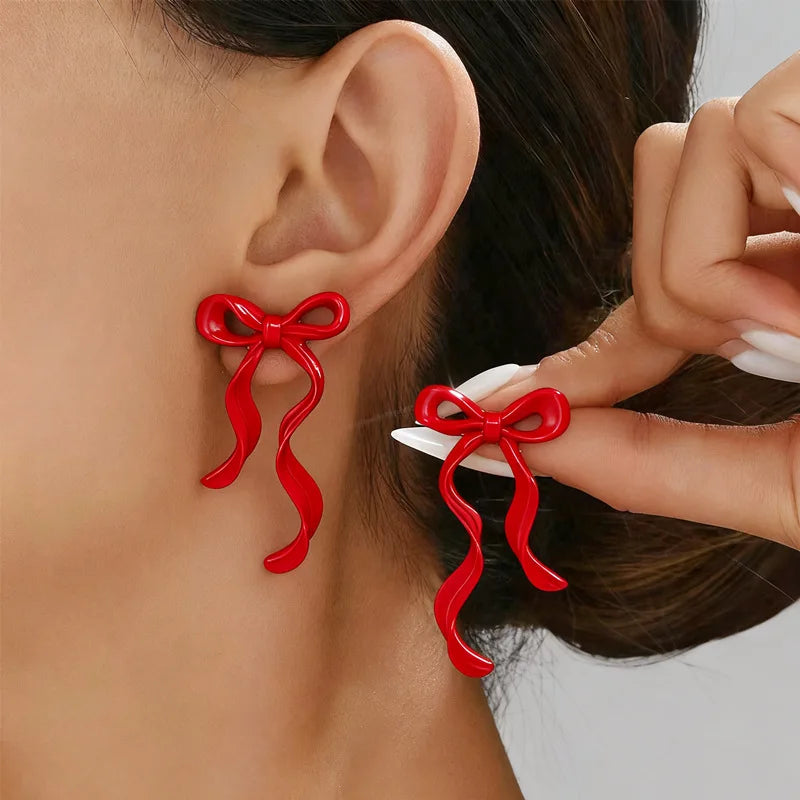 Retro Red Bowknot Stud Earrings for Women Girls Simple Knots Ballet Ribbon Piercing Earring Party Aesthetics Ear Jewelry Gifts