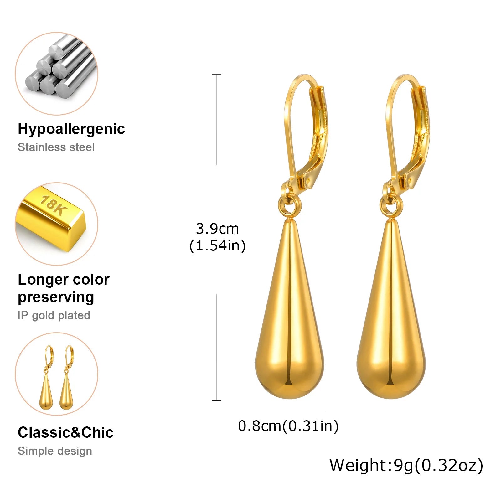 Teardrop Leverback Earrings for Women,  Waterdrop Tear Drop Dangle Earrings, Stainless Steel Jewelry Hypoallergenic