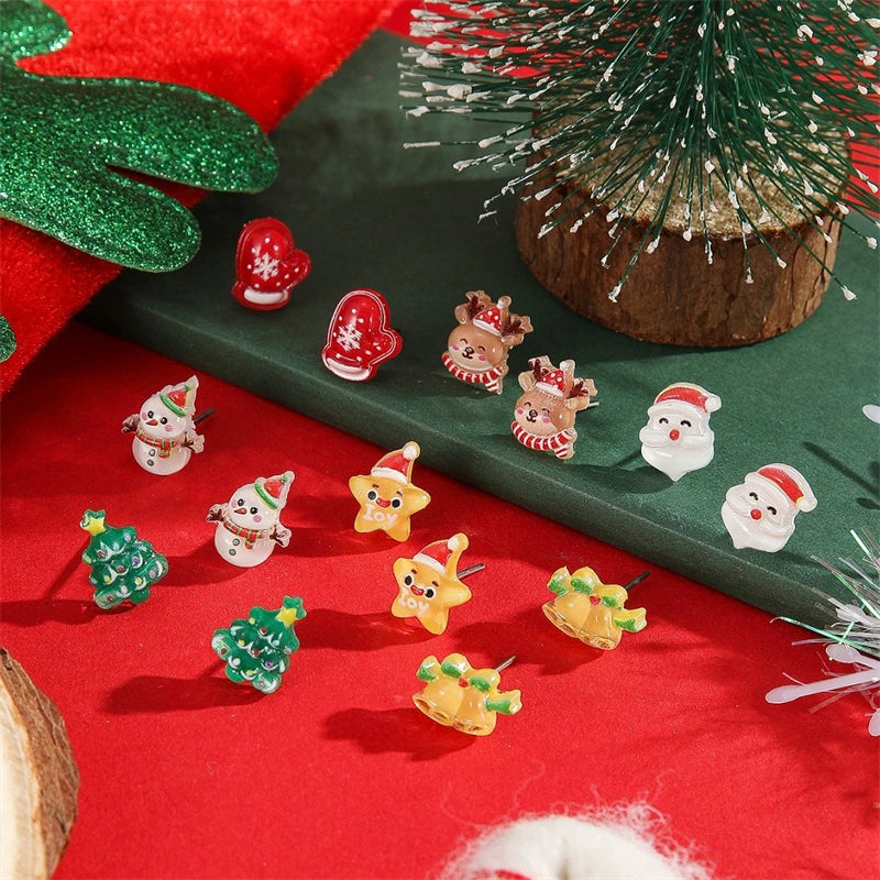 6-12 Pair Christmas Earrings For Women Xmas Tree Elk Snowman Santa Claus Snowflake Stud Earring Set New Year Party Jewelry Gift