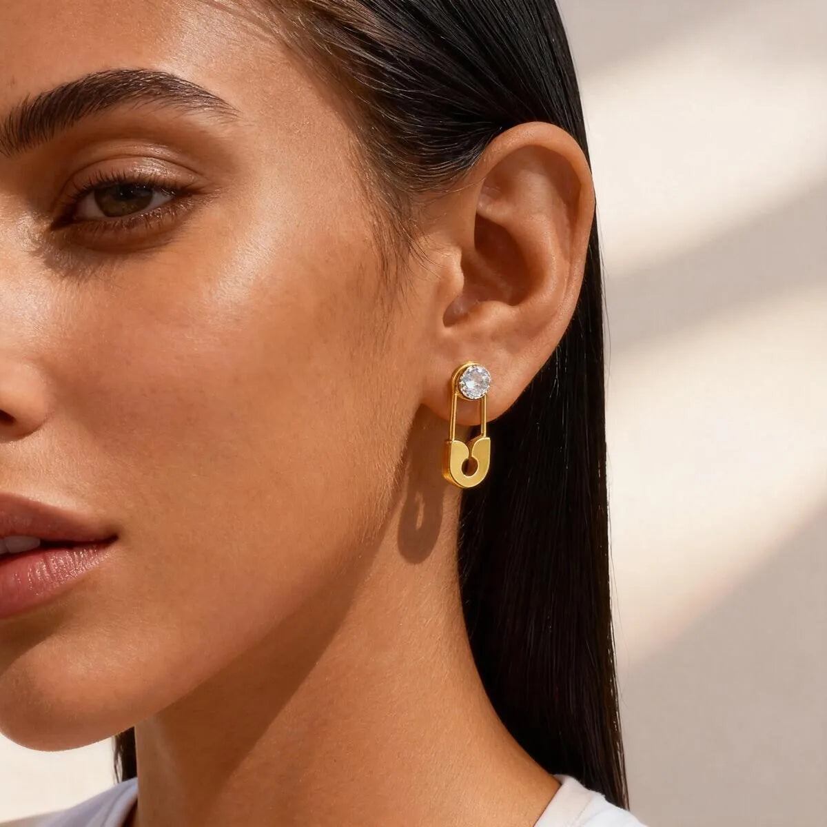 Minimalist Safety Pin Earrings, Gold Plated CZ Leverback Earrings for Women, Hypoallergenic Pierced Ear Jewelry