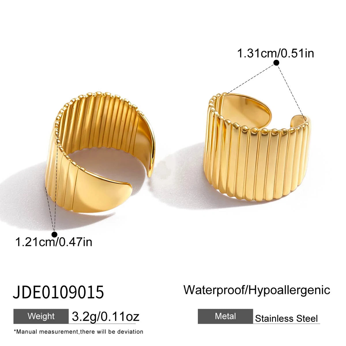 Uworld Classic 18K Plated Gold Color Wide Ribbed Ear Clip Earring Women Waterproof Stainless Steel Earrings Lady Jewelry