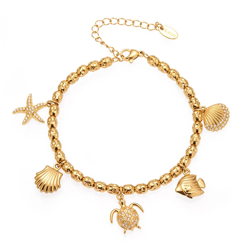 Nivora Distinctive Stainless Steel Metal Texture Chain Bracelets For Women Ocean Style Pendant Charm Wedding Bracelets Jewelry