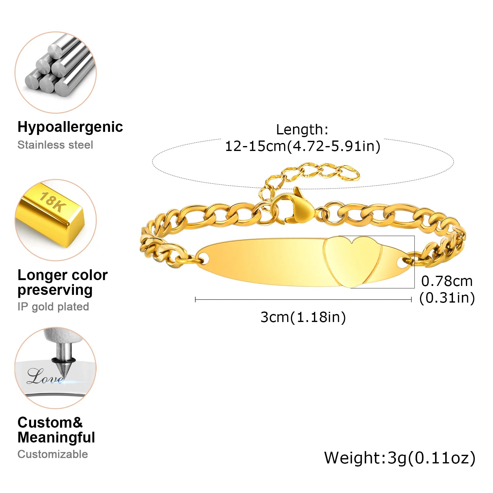 Free Engraving Heart shape Bracelet for Baby,Child's Custom Name Date Bracelet, Gold Color Stainless Steel Bracelets As Gifts