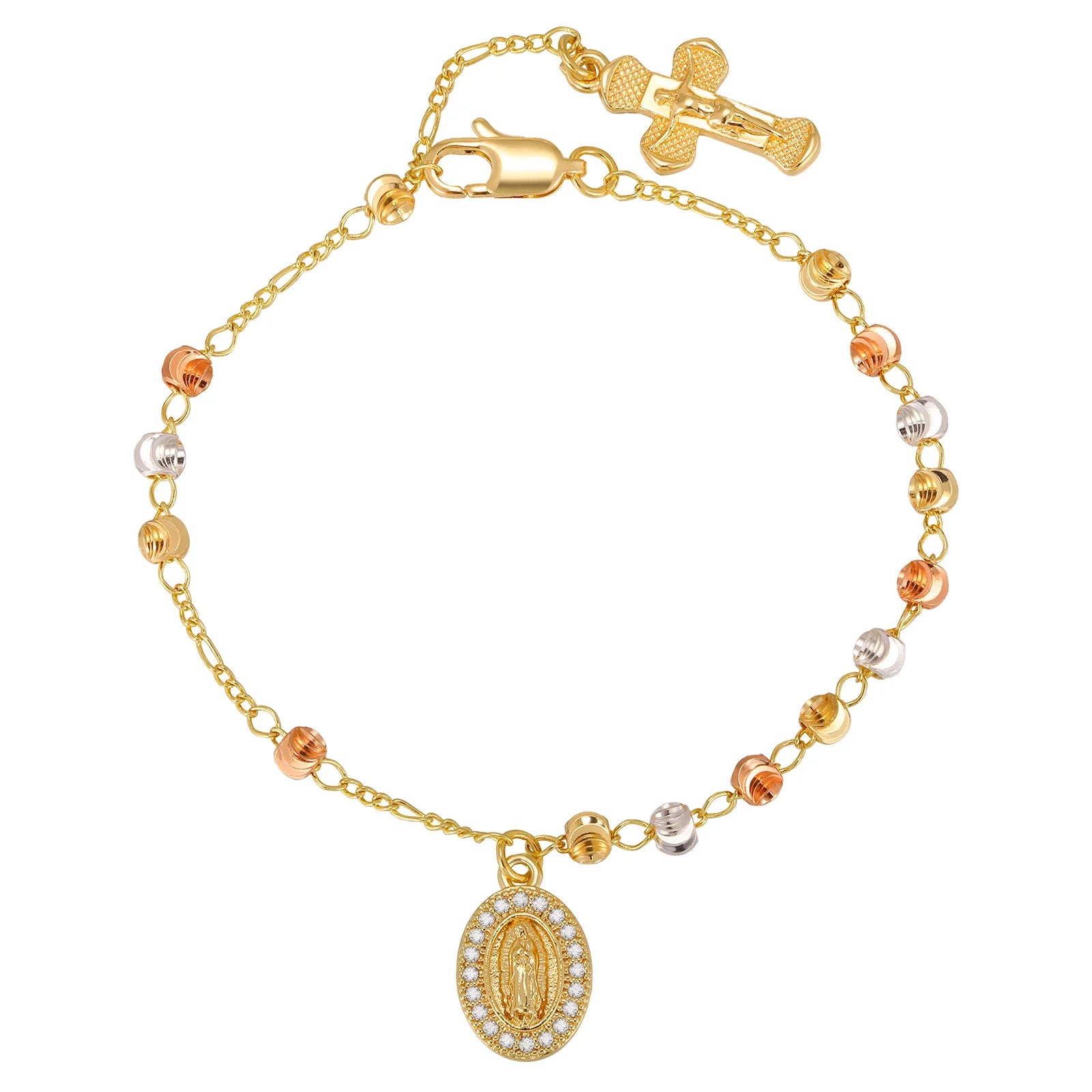 Zircon Virgin Mary Religious Bracelet for Women, Tricolor Beaded Golden Cross Rosary Catholic Bracelet, Baptism Jewelry