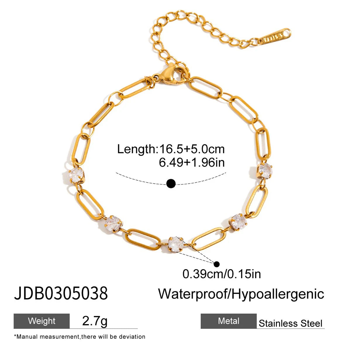 Uworld Simple Classic Style 18K Gold Color Plated Stainless Steel Round Zircon Tennis Chain Bracelet Stackable Chain Necklace Wo