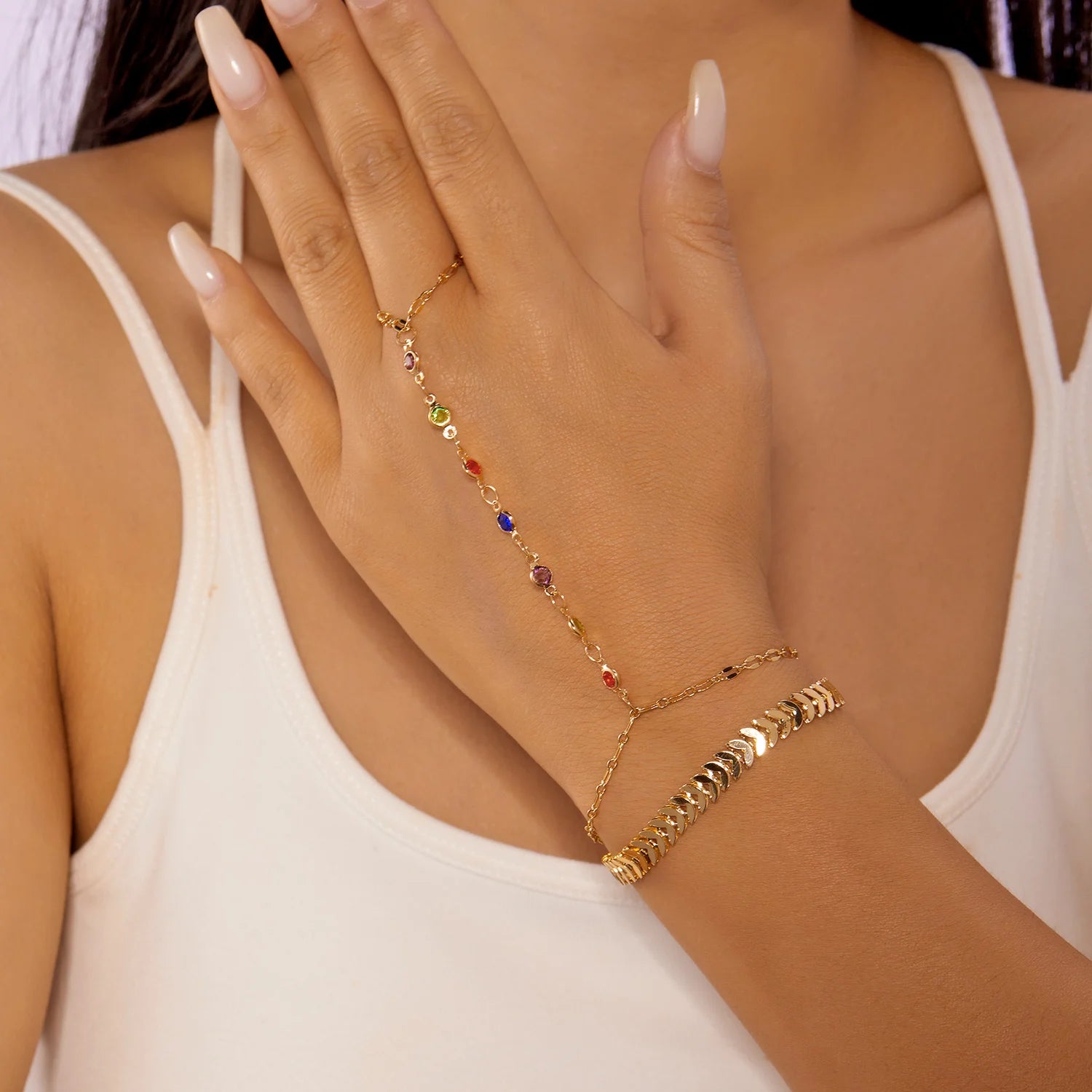 New Colorful Crystal Zircon Link Chain Connected Finger Ring Bracelet for Women Gold Color Flower Cross Bracelet Party Jewelry