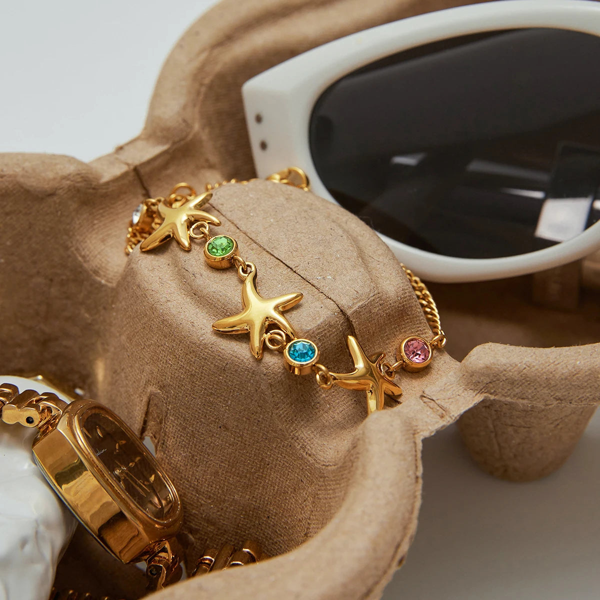 Uworld Ocean Vacation Style Colorful Zircon Starfish Bracelet Stainless Steel Stackable Bracelet Women's Accessories Party Gift