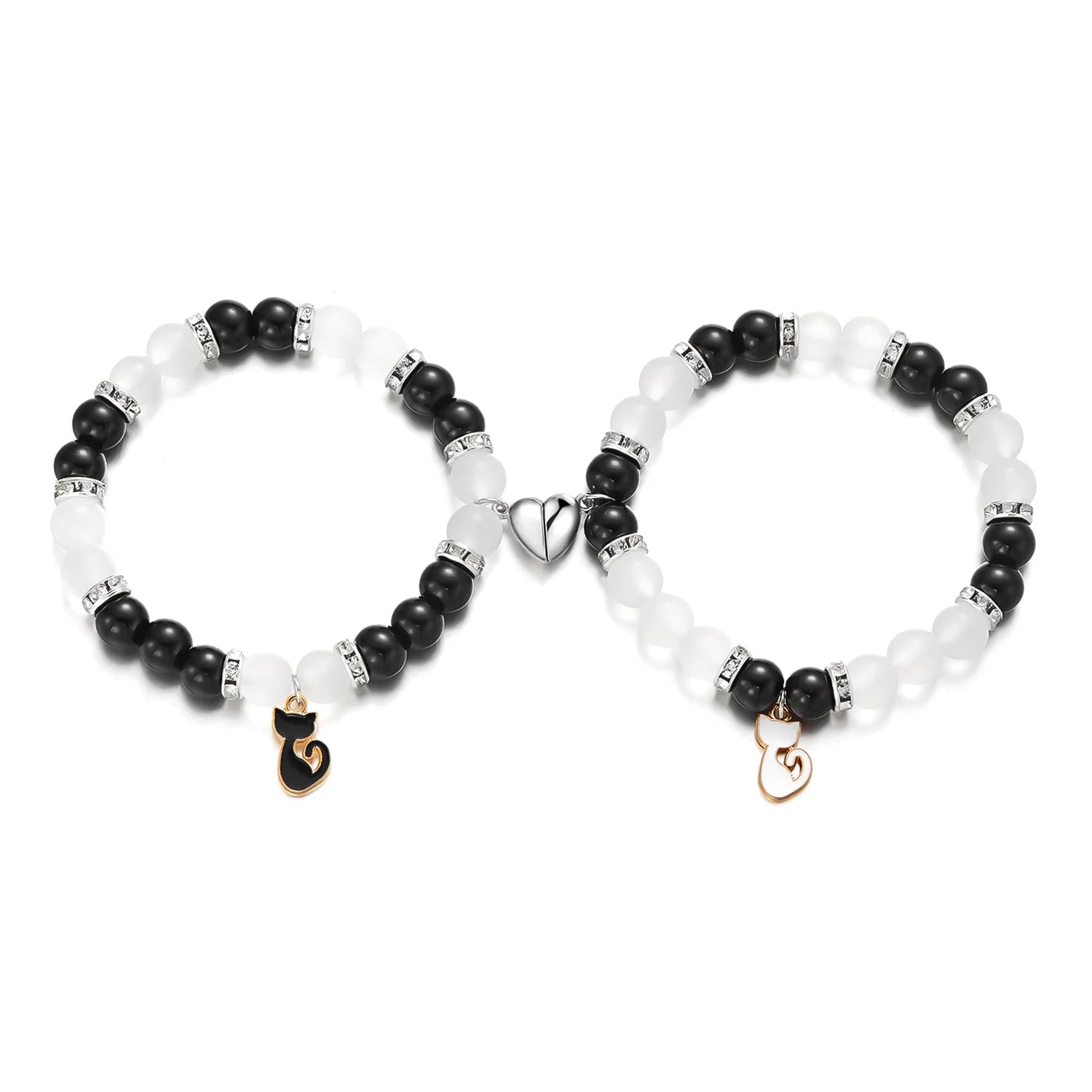 2pcs Magnetic Couple Bracelets Love Heart Shaped Matching Attraction Black White Cat Kitten Pendant Beaded Bracelet Jewelry Gift