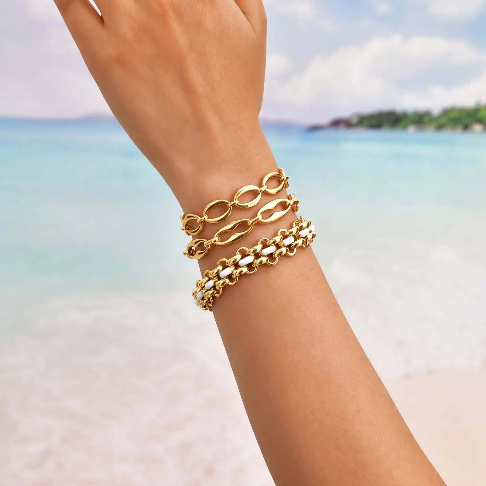 Chunky Braceket Stack, Stainless Steel Chain Bracelet for Women, 18k Gold Plated Link Jewelry Waterproof