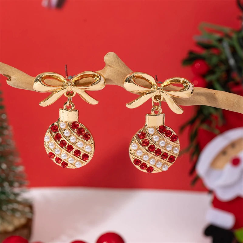 Christmas Red Zircon Pearl Bowknot Dangle Earrings For Women Santa Claus Snowflake Soldier King Pendant Earring Party Jewelry