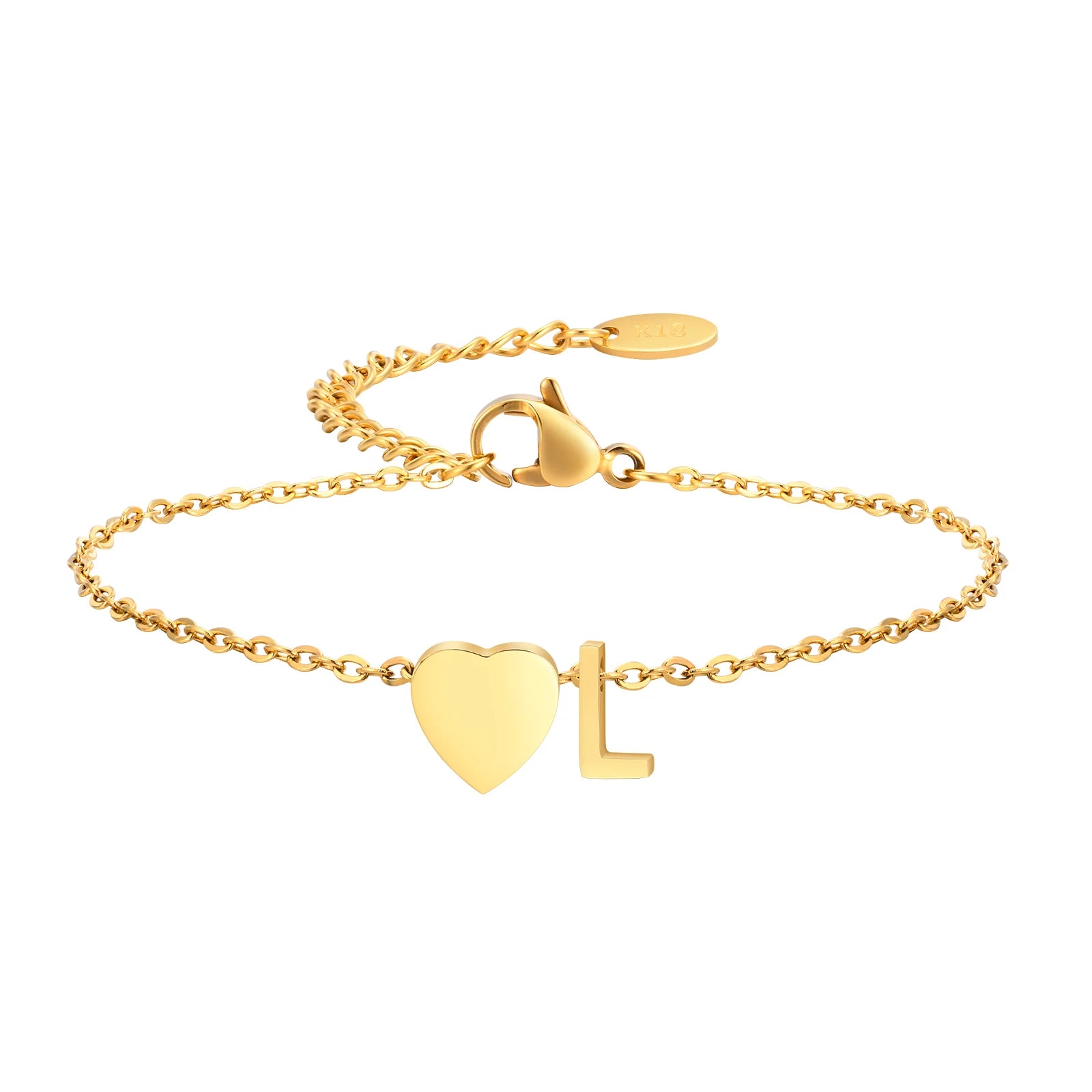 Dainty 26 Letters Initial A-Z Heart Chain Bracelets for Women Lady, Gold Color Plating Stainless Steel Cable Charm Wristband