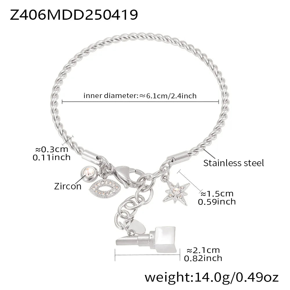 Nivora Fashion Lipstick Star Pendant Bangle For Women Stainless Steel Twistedwire Zircon Wedding Bangle Bracelet Casting Jewelry