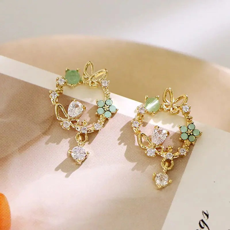 Korean Fashion Flower Butterfly Stud Earrings For Women AAA Zircon Exquisite Leaves Pearl Crystal Earring Party Wedding Jewelry