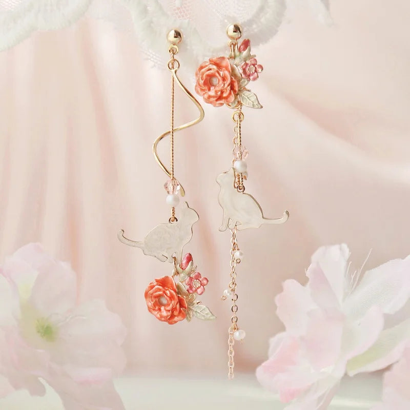 New Elegant Metal Flower Cute Cat Dangle Earrings For Women Korean Asymmetrical zircon Long Tassel Earring Party Jewelry