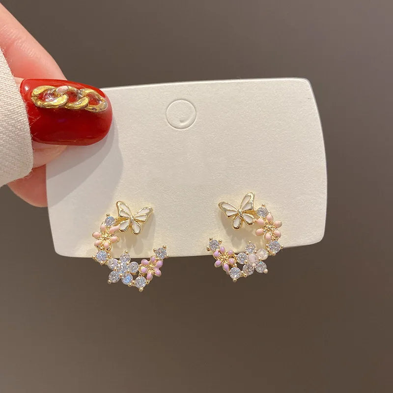 Korean Fashion Flower Butterfly Stud Earrings For Women AAA Zircon Exquisite Leaves Pearl Crystal Earring Party Wedding Jewelry