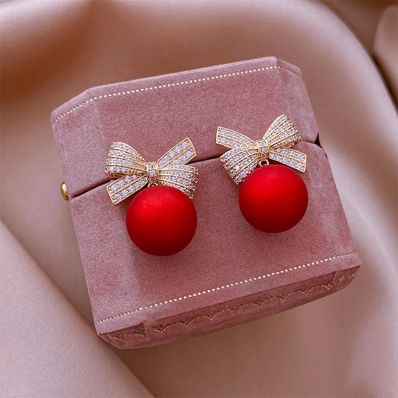 Exquisite Bowknot Zircon Stud Earrings For Women Red Heart Shape Rose Flower Lucky Earring Girls Party Festive Jewelry Gifts